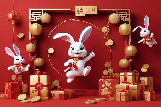 Photo illustration 3d d'un lapin sautant devant une rangée de cadres de couplets en ruban rouge avec une boîte à cadeaux en or et une pièce flottant dans les airs sur un fond rouge