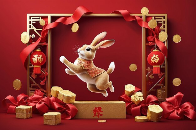 Photo illustration 3d d'un lapin sautant devant une rangée de cadres de couplets en ruban rouge avec une boîte à cadeaux en or et une pièce flottant dans les airs sur un fond rouge