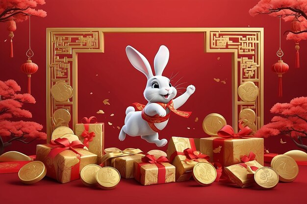 Illustration 3D d'un lapin sautant devant une rangée de cadres de couplets en ruban rouge avec une boîte à cadeaux en or et une pièce flottant dans les airs sur un fond rouge