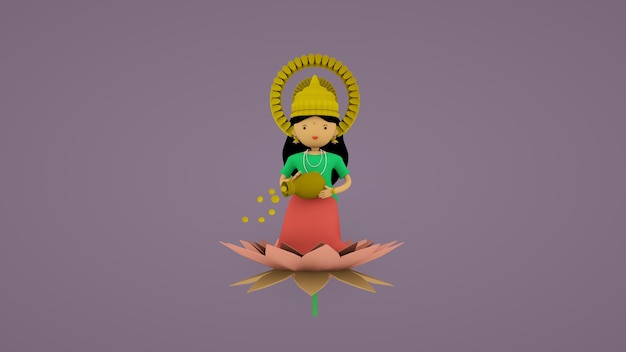 Illustration 3D Laxmi Mignon Lakshmi devi avec pièce d'or et image de dessin animé Lotus rendu 3D