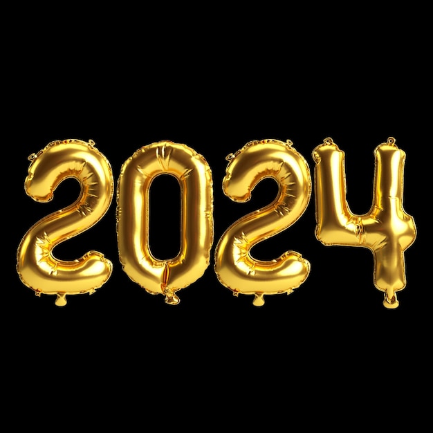 Photo illustration 3d de la lettre sur le nouvel an 2024 avec des ballons de couleur or