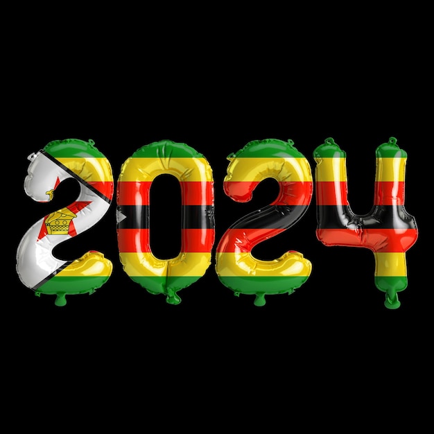 Photo illustration 3d de la lettre sur le nouvel an 2024 avec des ballons sur le drapeau couleur du zimbabwe