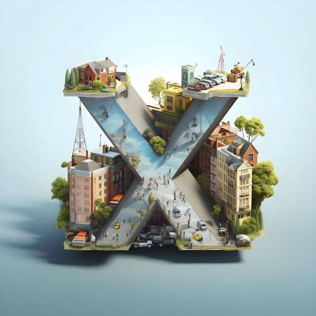 Illustration 3d de la lettre X du bâtiment sur le fond de la ville