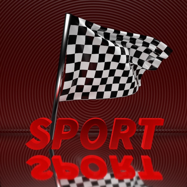 Photo illustration 3d libre d'un drapeau avec un motif d'échecs pour le début de la course avec l'inscription sport sur fond rouge drapeau de fin de compétition