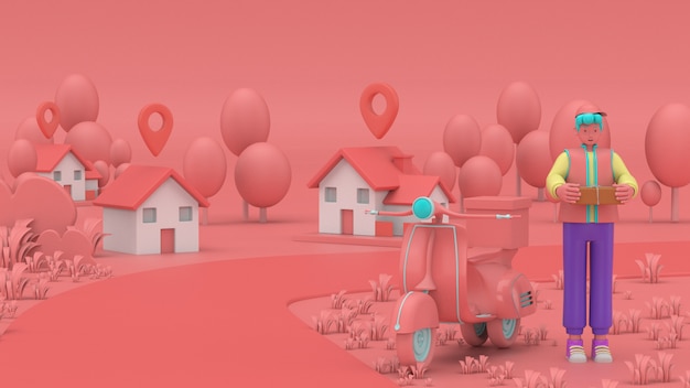 Illustration 3D Livraison rapide et gratuite en scooter pour le concept de commerce électronique mobile de service alimentaire. Page Web graphique de commande de nourriture en ligne, conception d'application, livraison à domicile et entrepôt de bureau
