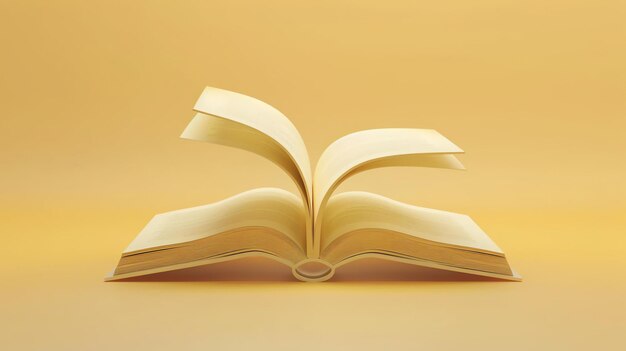 Photo illustration 3d d'un livre ouvert avec des pages blanches le livre est placé sur un fond jaune massif