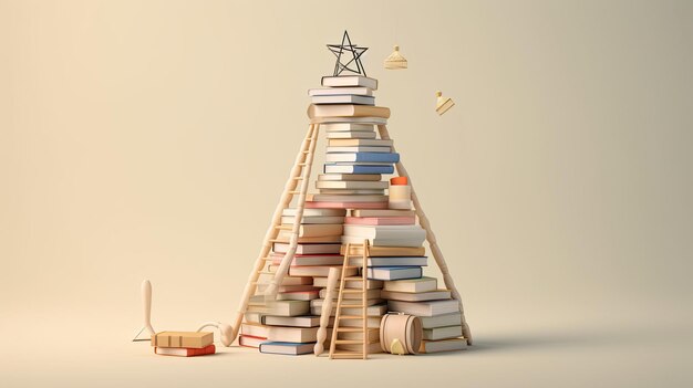 Illustration 3d de livres empilés un chapeau de graduation et des échelles pour la journée de l'éducation