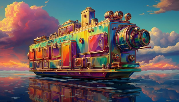 Illustration 3D de la locomotive à vapeur rétro sur l'eau