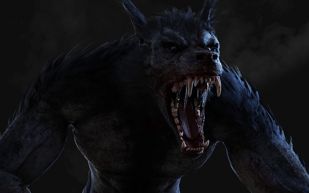 Illustration 3D d'un loup-garou sur fond sombre avec un tracé de détourage.