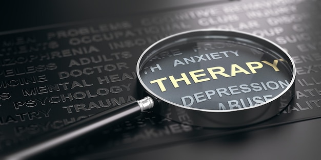 Illustration 3D d'une loupe sur les mots liés aux troubles de santé mentale en mettant l'accent sur le mot thérapie. Fond noir.