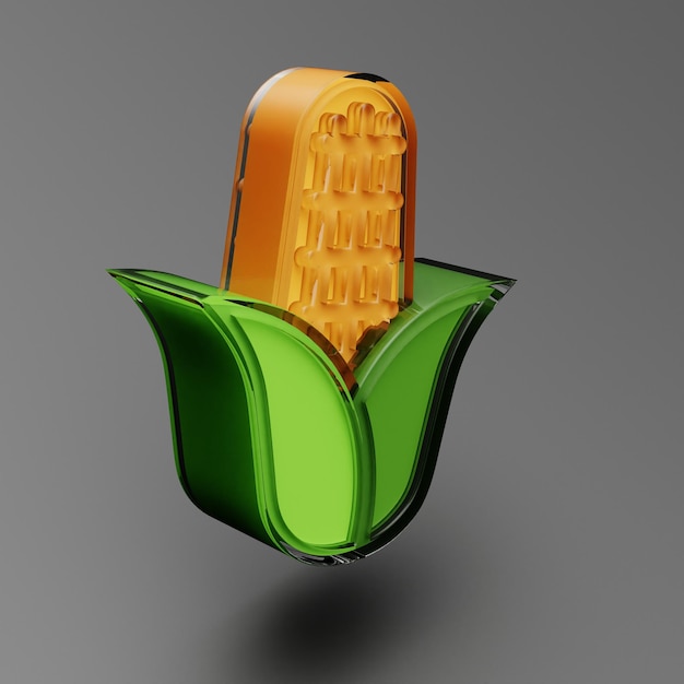 Illustration 3D de maïs isolée sur fond gris Éléments de conception en verre Illustration 3d réaliste de maïs