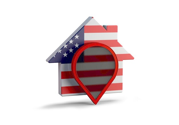 Photo illustration 3d d'une maison avec le drapeau des états-unis et une épingle de localisation