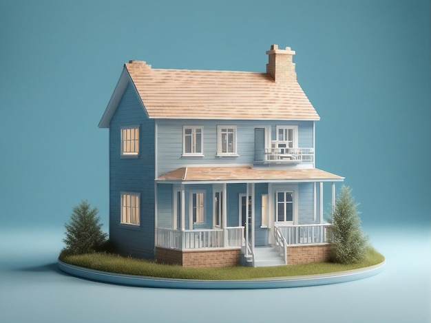 Illustration 3D Maison de jouets minimaliste isolée sur un fond bleu généré par l'IA