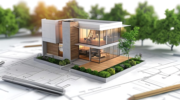 Illustration 3D d'une maison moderne avec une grande façade en verre sur des plans architecturaux
