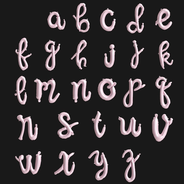 Photo illustration 3d manuscrite de l'alphabet de ballons rose pastel de type 2 isolés sur fond noir