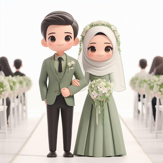 Illustration 3D d'une mariée et d'un marié musulmans portant du vert sauge