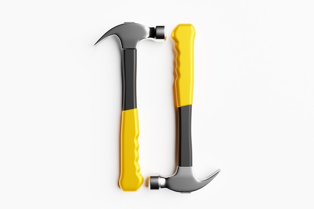 Illustration 3D d'un marteau en métal avec un outil à main à poignée jaune isolé sur fond blanc Rendu 3D et illustration de l'outil de réparation et d'installation