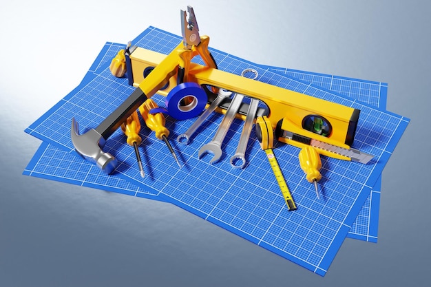 Illustration 3D d'un marteau métallique tournevis pince niveau ruban à mesurer coupe-ruban électrique avec poignée jaune sur papier millimétré rendu 3D d'un outil à main pour la réparation et l'installation