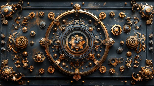 Une illustration 3D d'un mécanisme d'horloge steampunk sur un panneau décoratif noir