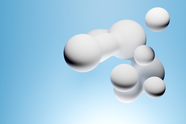 Illustration 3D d'un metaball blanc avec un grand nombre de pièces sur un fond bleu. Fond de Metaball numérique de voler débordant les uns dans les autres sphères brillantes.