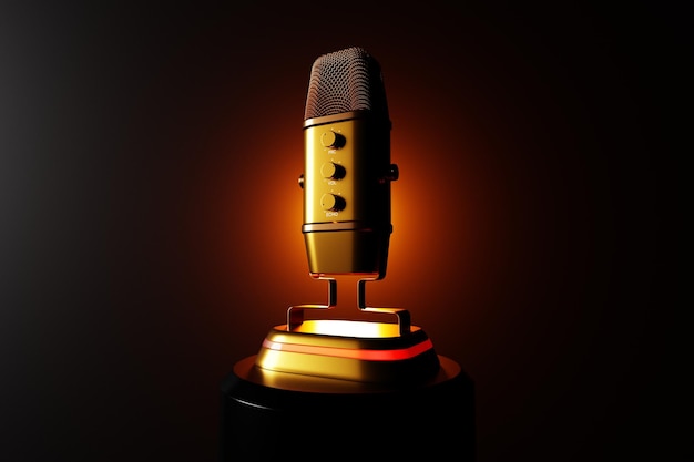 Illustration 3d microphone rose rétro avec lumière orange sur fond noir Prix de la musique karaoké radio et équipement de sonorisation de studio d'enregistrement