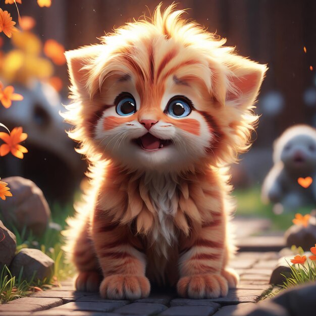 Illustration 3D d'un mignon chaton dans le jardin