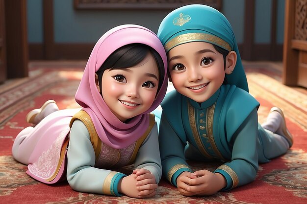 Photo illustration en 3d d'un mignon garçon et d'une jolie fille musulmans asiatiques allongés sur le sol en souriant