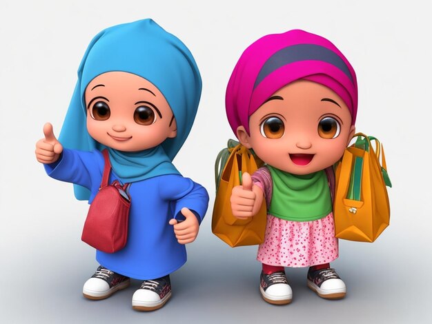 Photo illustration 3d d'un mignon petit garçon et d'une petite fille musulmans montrant le pouce en l'air en portant des sacs