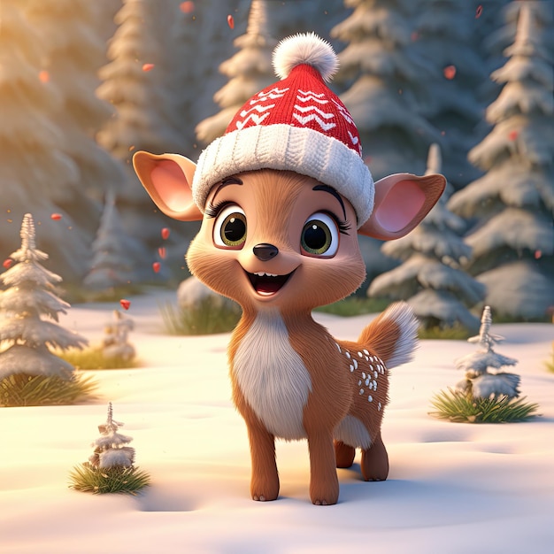 Illustration 3D d'un mignon renne de Noël avec un chapeau de Père Noël