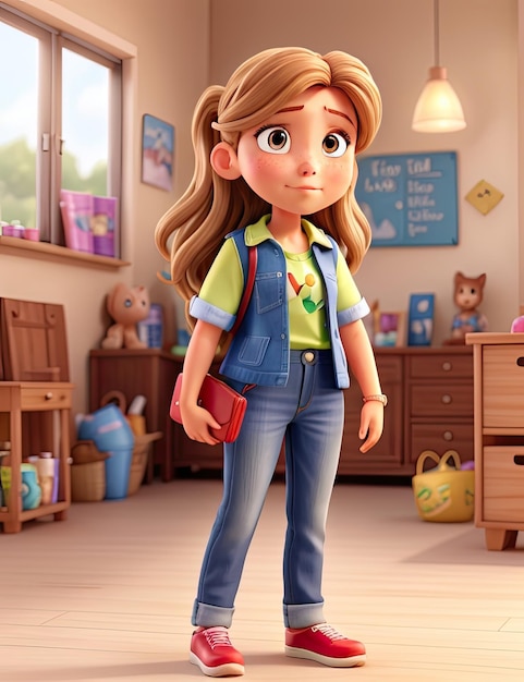 Illustration 3D d'une mignonne petite fille debout dans sa chambre