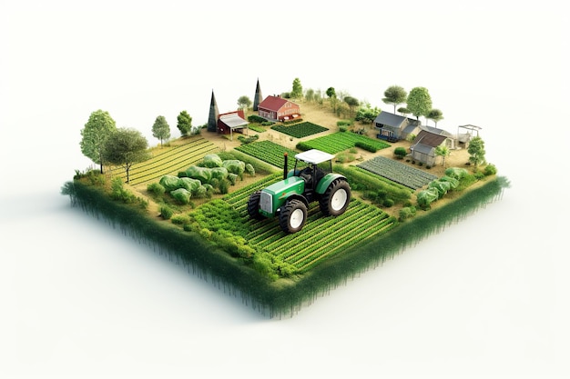 Illustration 3d mini paysage de champ agricole isolé avec maison et tracteurs