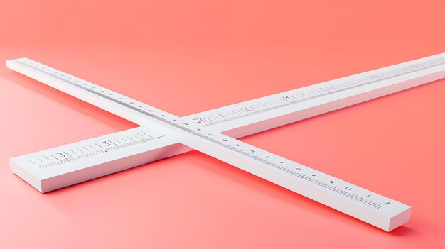 Une illustration 3D minimale de deux bandes de mesure blanches formant une croix sur un fond rose Le concept de précision, de précision et de mesure