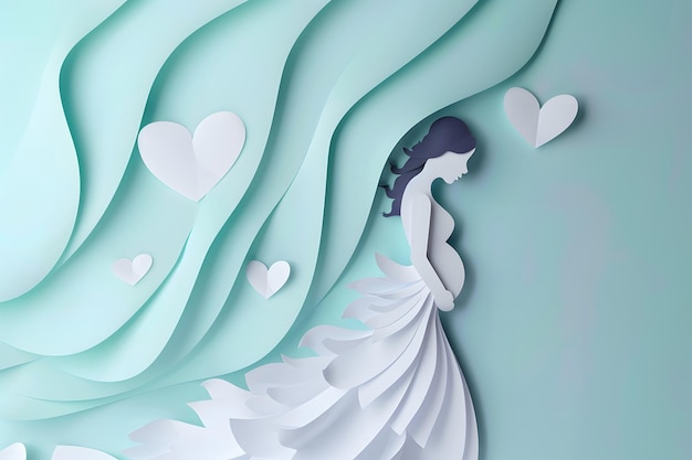 Photo illustration 3d minimaliste style d'art sur papier de couleur pastel femme enceinte en robe longue touchant son ventre avec le cœur pour un concept de grossesse heureuse