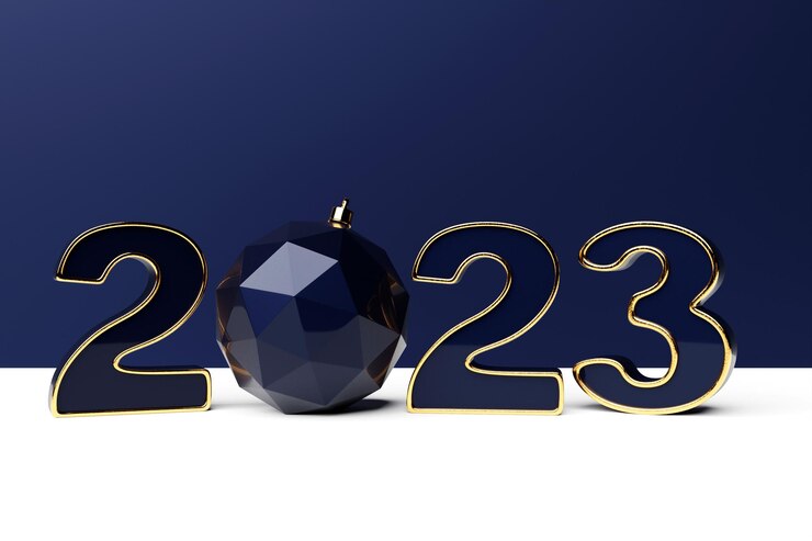 Photo illustration 3d modèle de fond de bonne année 2023 illustration 3d volumétrique de vacances du numéro bleu 2023 conception d'affiche ou de bannière festive fond de bonne année moderne
