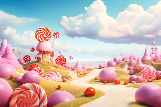 Photo illustration 3d d'un monde de bonbons roses de fantaisie magique généré par l'ai