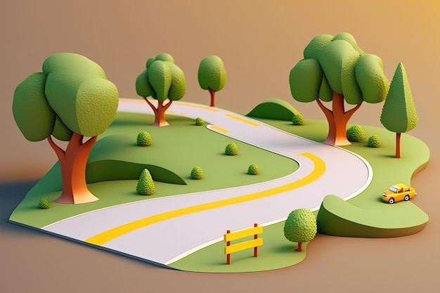 Illustration 3d d'un morceau de route verte isolée, voyage créatif et conception touristique hors route