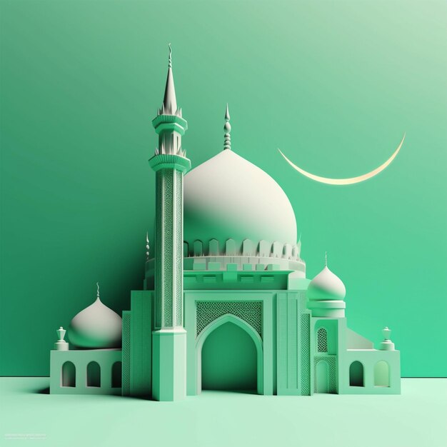 Illustration 3D d'une mosquée avec une lune bleue claire
