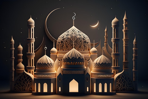 Une illustration 3d d'une mosquée avec une lune et des étoiles.