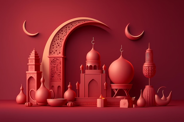 Une illustration 3d d'une mosquée et d'une lune.