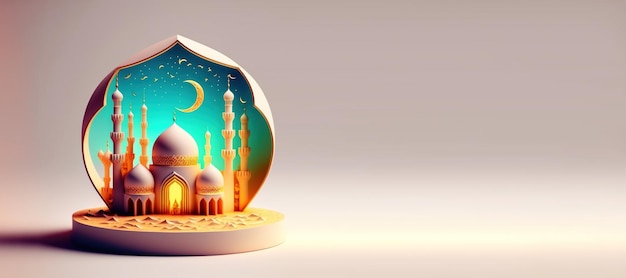 Illustration 3D de la mosquée pour la bannière du Ramadan islamique de l'Aïd avec espace de copie
