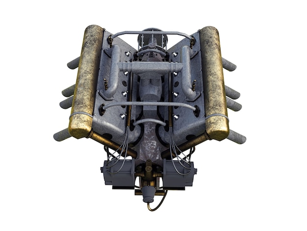 Illustration 3D d'un moteur de voiture sur fond blanc.