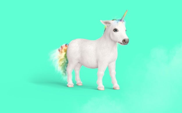 Illustration 3d de la mythique licorne de poche posant isoler sur fond vert pastel