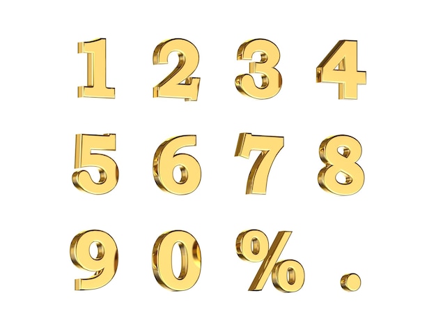 Illustration 3D de nombres avec des symboles de pourcentage et de point en couleur or