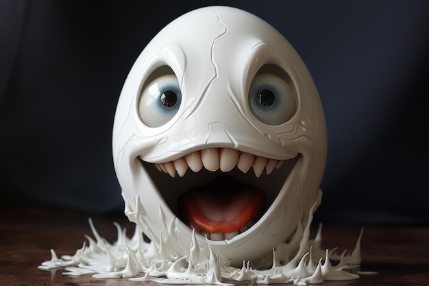 Illustration 3D d'un œuf souriant avec de grandes dents en arrière-plan