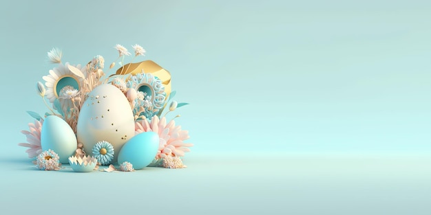Illustration 3D d'oeufs de Pâques et de fleurs avec un thème fantastique pour le fond et la bannière