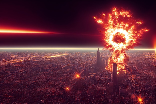 Illustration 3d d'une ogive nucléaire tombée sur le chapeau de champignon de fumée et de feu de la ville