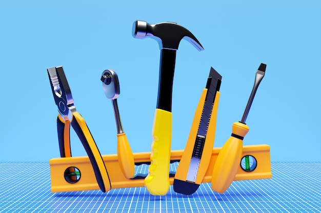 Illustration 3D d'un outil à main pour la réparation et la construction niveau tournevis marteau pince ruban à mesurer Ensemble d'outils