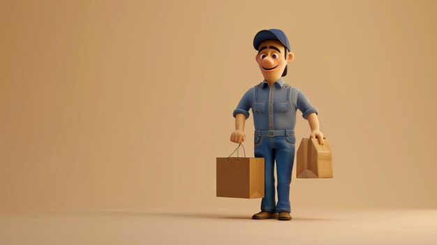 Illustration 3D d'un ouvrier de livraison en train de livrer des produits d'épicerie