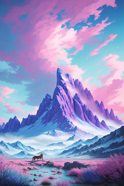 Illustration 3D d'un paysage fantastique des sommets des montagnes au coucher du soleil