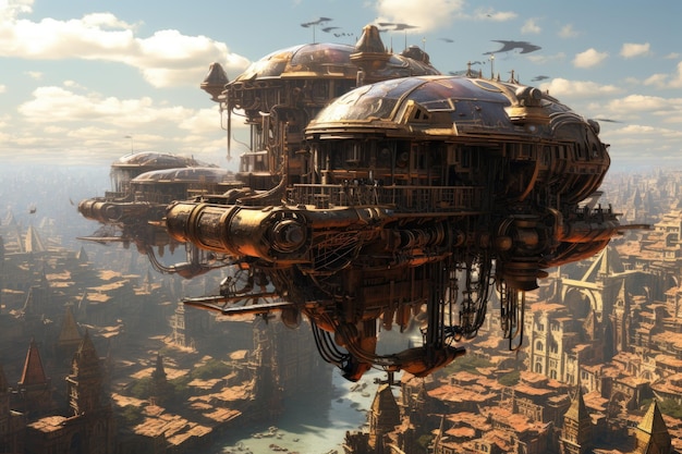 Illustration 3D d'un paysage fantastique avec un temple d'or Un monde steampunk intrigant avec des dirigeables naviguant au milieu des gratte-ciel généré par l'IA